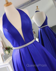 Halter V Neck Backless Blue Long Evening Prom Dress with Belt, Backless Blue Formal Evening Dress