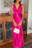 Halter V-Neck Classy Prom Dress Pleated Satin Sleeveless Long Classy Prom Party Dress
