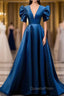 Blue V Neck Satin Short Sleeves Long Evening Prom Dress Blue Satin Evening Dress