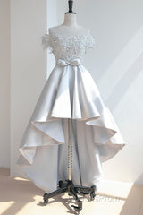 High Low Off Shoulder Gray Lace Evening Prom Dress, Off the Shoulder Gray Homecoming Dress, Gray Lace Formal Evening Dress