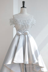 High Low Off Shoulder Gray Lace Evening Prom Dress, Off the Shoulder Gray Homecoming Dress, Gray Lace Formal Evening Dress