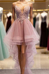 High Low Pink Lace Evening Prom Dress, Pink High Low Formal Graduation Homecoming Dress