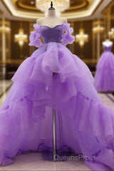 High Low Puffy Sleeves Tulle Purple Evening Prom Dress