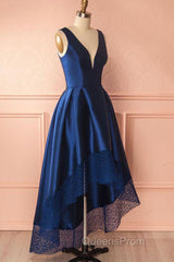 High Low V Neck Blue Satin Evening Prom Dress, Open Back Blue Formal Dress, Blue Evening Dress