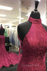 High Neck Backless Burgundy Lace long Evening Prom Dress, Long Burgundy Lace Formal Evening Dress, Burgundy Ball Gown