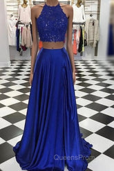 High Neck Blue Two Pieces Long Evening Prom Dress