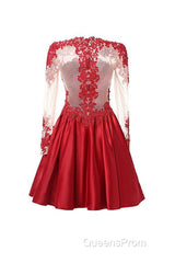High Neck Long Sleeves With Applique Red Homecoming Dress