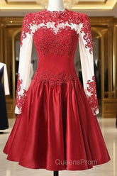 High Neck Long Sleeves With Applique Red Homecoming Dress