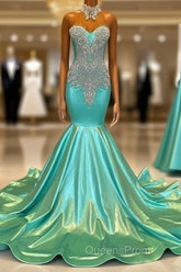 High Neck Mermaid Mint Green Satin Evening Prom Dress