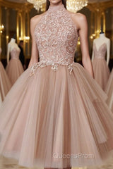 High Neck Open Back Short Champagne Lace Evening Prom Dress, Backless Champagne Lace Formal Graduation Dress, Champagne Lace Homecoming Dress