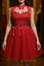 High Neck Red Lace Short Evening Prom Dress, Red Lace Homecoming Dress, Red Formal Graduation Evening Dress