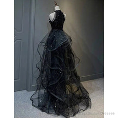 High Neckline Black Halter Shiny Tulle And Sequins Party Dress Black Tulle Prom Dress prom dresses shops