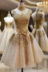 High Quality Vintage High Neck Bowknot Lace Homecoming Dress