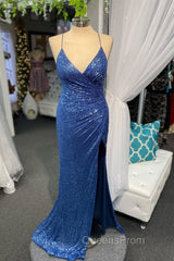 High Slit Blue Sequins Straps Mermaid Evening Gown,Ball Gowns Evening Prom Dress