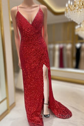 High Slit Blue Sequins Straps Mermaid Evening Gown,Ball Gowns Evening Prom Dress