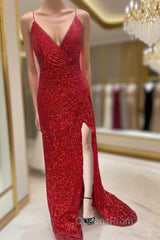 High Slit Blue Sequins Straps Mermaid Evening Gown,Ball Gowns Evening Prom Dress