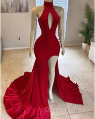 Hot Long Red Evening Prom Dress High Neck Satin Mermaid Evening Dress Uk Split