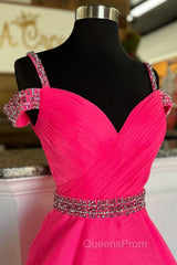 Hot Pink Beaded Cold-Shoulder A-Line Evening Prom Dress