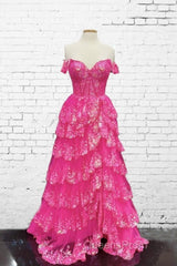 Hot Pink Lace Off Shoulder Tiered Evening Prom Dress With Slit