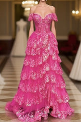Hot Pink Lace Off Shoulder Tiered Evening Prom Dress With Slit