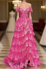 Hot Pink Lace Off Shoulder Tiered Evening Prom Dress With Slit