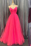 Hot Pink V-Neck Lace-Up Back Pleated A-Line Tulle Empire-Waist Long Classy Prom Dress