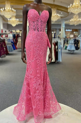 Hot Pink Mermaid Lace Evening Prom Dress, Hot Pink Mermaid Lace Formal Evening Dress