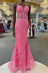 Hot Pink Mermaid Lace Evening Prom Dress, Hot Pink Mermaid Lace Formal Evening Dress