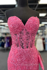 Hot Pink Mermaid Lace Evening Prom Dress, Hot Pink Mermaid Lace Formal Evening Dress