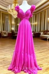 Hot Pink Ruffles Lace-Up Back A-Line Evening Prom Dress, Evening Dress