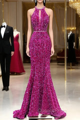 Hot Pink Sequins Long Evening Prom Dress, Mermaid Backless Evening Dress