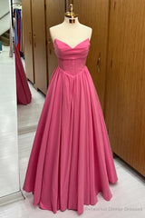 Hot Pink Strapless Lace-Up A-Line Long Formal Dress