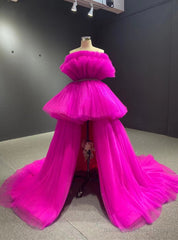 Hot Pink Strapless Pleats Prom Dress