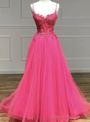 Hot Pink Tulle Spaghetti Straps Appliques Prom Dress
