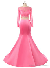 Hot Pink Two Piece Lace Bodice Prom dress With Long Sleeve Custom Made Formal Dress