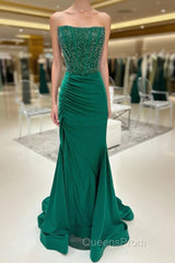 Hunter Green Mermaid Strapless Beaded Pleated Long Evening Prom Dress