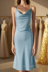 Ice Blue Cowl Neck Mid-Calf Length Bridesmaid Dress