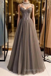 A-Line Evening Prom Dress Open Back Dress Formal Wedding Party Floor Length Sleeveless Spaghetti Strap Tulle with Pleats