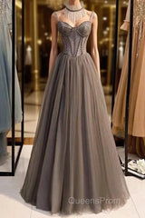 A-Line Evening Prom Dress Open Back Dress Formal Wedding Party Floor Length Sleeveless Spaghetti Strap Tulle with Pleats