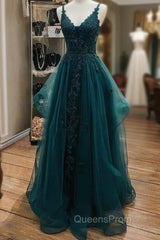 Ink Blue Evening Prom Dress, A-line V Neck Sleeveless Lace Tulle Long/Floor-Length Evening Prom Dress With Beading