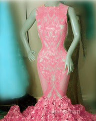 Iridescent Sequins Pink Rosette Mermaid Evening Prom Dress