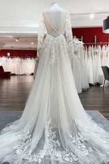 Ivory A-line Tulle Long Sleeves Lace Appliques Open Back Wedding Dress