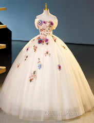 Ivory Ball Gown With Flowers Sweetheart Formal Dress, Lovely Sweet 16 Dress Party Dress