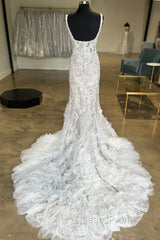 Ivory Floral Lace Square Neck Ruffles Long Wedding Gown Beautiful