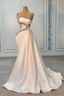 Ivory One Shoulder Ivory Satin Silver Beaded Mermaid Prom Dresses