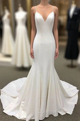 Ivory Satin Spaghetti Straps Open Back Sweet Train Wedding Dress, Formal Evening Prom Dress