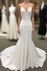 Ivory Satin Spaghetti Straps Open Back Sweet Train Wedding Dress, Formal Evening Prom Dress