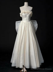 Ivory Satin Strapless Pleats Flower Wedding Dress