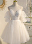 Ivory Spaghetti Strap V-neck Lace Homecoming Dress, Tulle Short Prom Dress