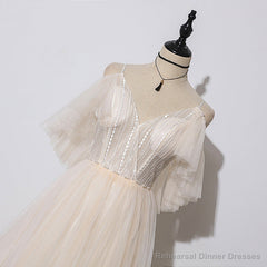 Ivory Tulle V-neckline Straps Off Shoulder Long Evening Dress, A-line Prom Dress Party Dress